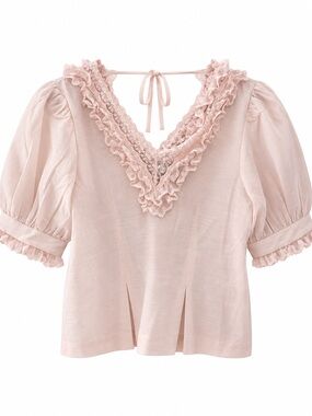Caroline Constas Soft Pink Lace-Trim Puff Sleeve Top